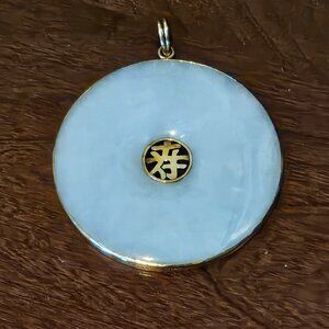 RARE GUMPS 14K GOLD WHITE JADE JADEITE ROUND GOOD LUCK CHINESE PENDANT NECKLACE